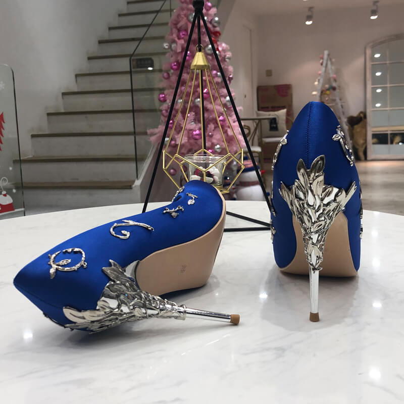 Blue Satin Gold Leaves Bridal Wedding Shoes 88211592248#
