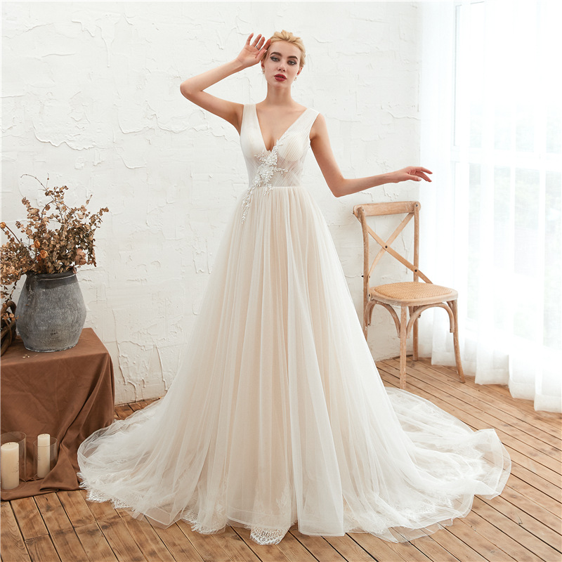 V Neck Applique Illusion A Line Chapel Train Wedding Dresses 88211592283#