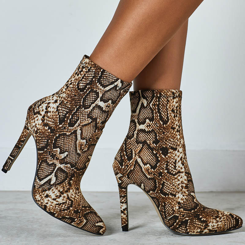 Snakeskin Pattern High Heel Boots in Brown #88211592315