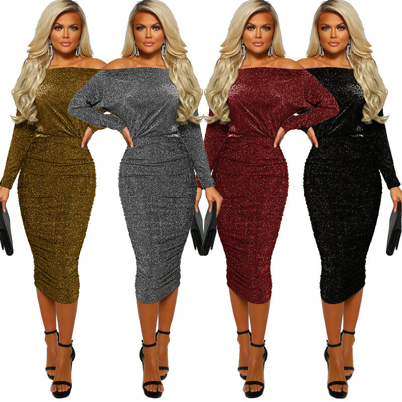 Sparkling Off Shoulder Ruched Long Sleeve Midi Dress 88211592331#