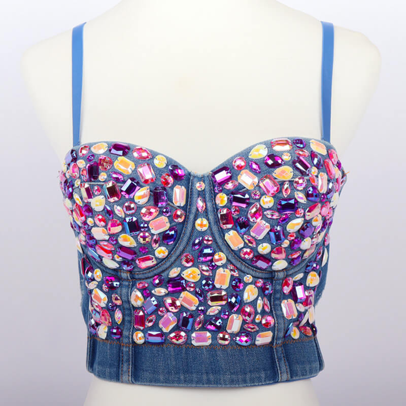 Sparkling Colorful Rhinestone Blue Sweetheart Corset Bra Bustier Top 88211592342#