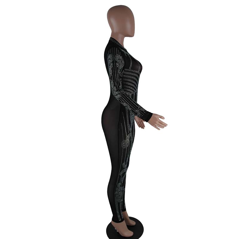 Bodycon Jumpsuit-Long Sleeve See Through Rhinestone 88211592343#