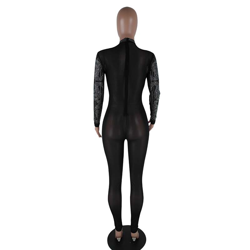 Bodycon Jumpsuit-Long Sleeve See Through Rhinestone 88211592343#