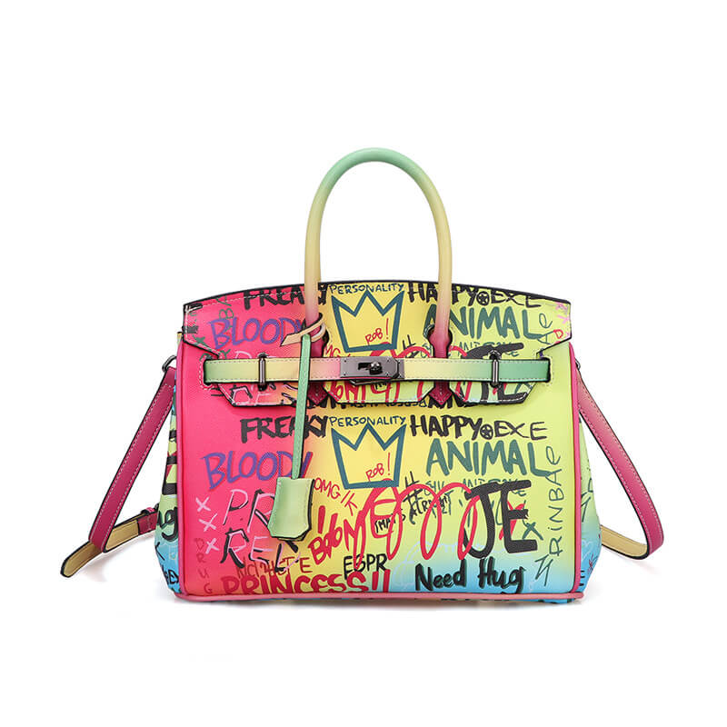 Luxury Rainbow Graffiti Handbag Leather Bag 88211592387#