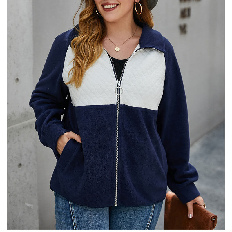 Plus Size Navy Blue Color Block Jacket 88211592411#