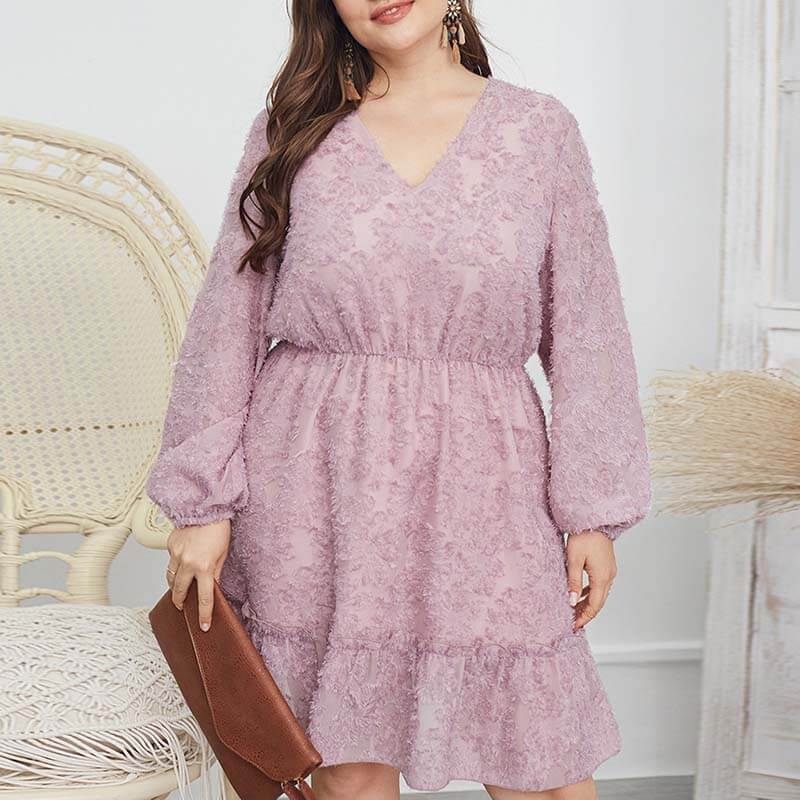 Plus Size V Neck Dress In Pink 88211592433#