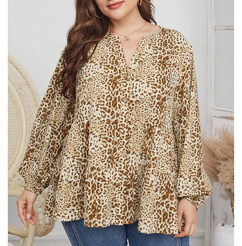 V Neck Leopard Print Blouse Top 88211592437#