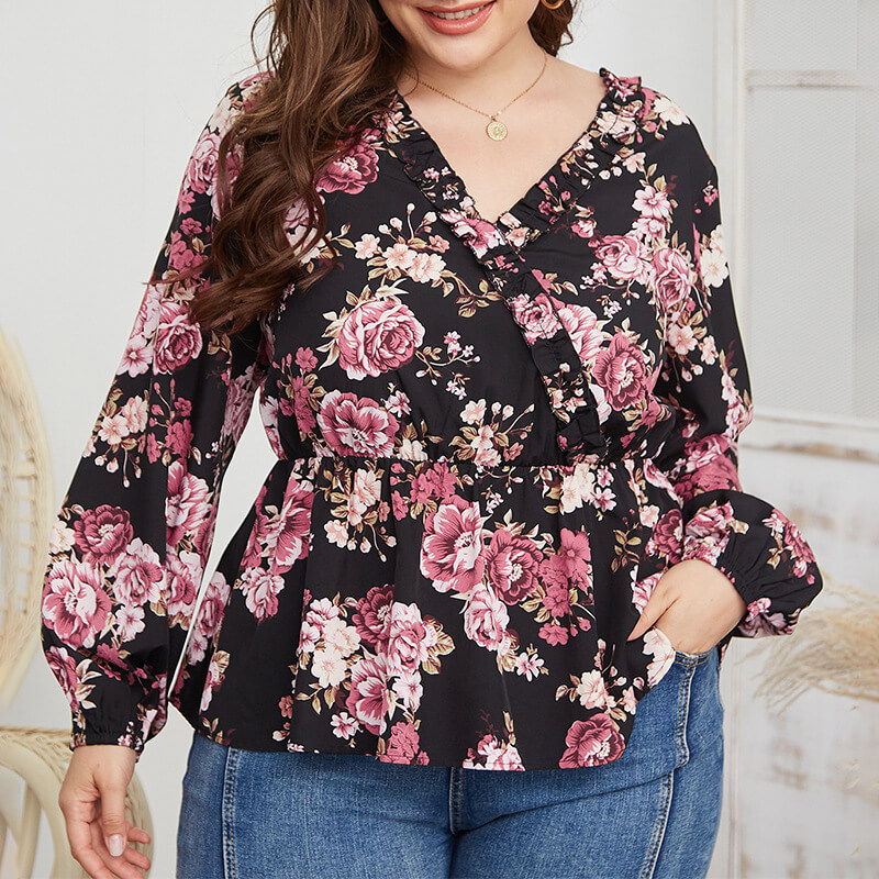 V Neck Floral Print Blouse Top Plus Size 88211592439#