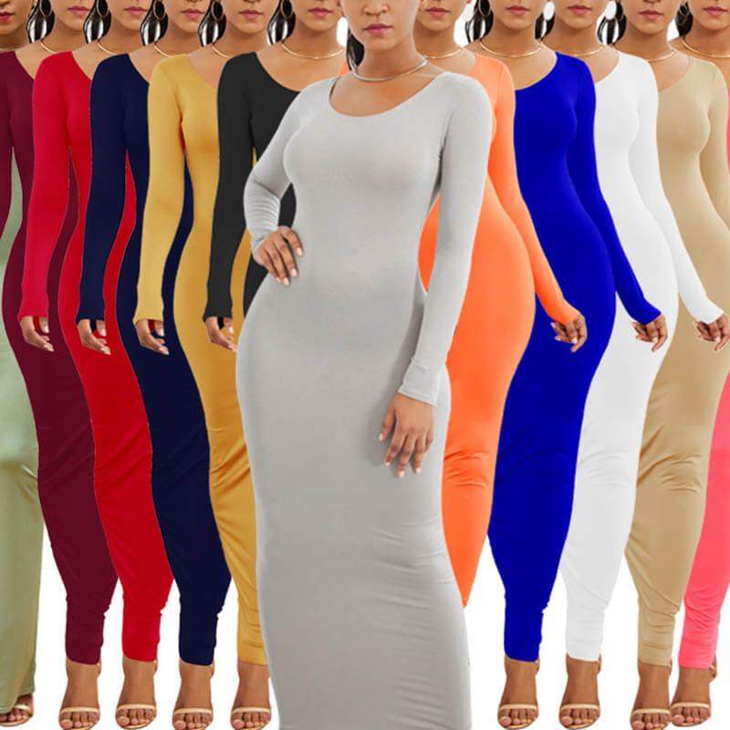 Multi Color Boat Neck Bodycon Maxi Dress for Women 88211592442#