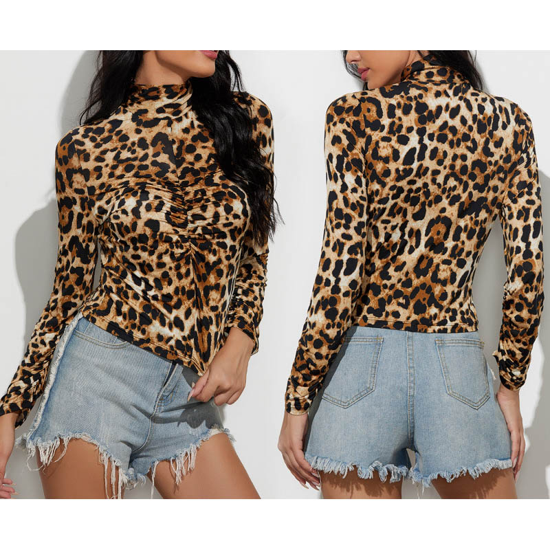 Mock Neck Leopard Print Ruched Blouse Top 88211592458#