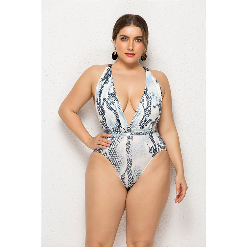 Plus Plunge Neck Print One-Piece Swimsuit 88211592508#