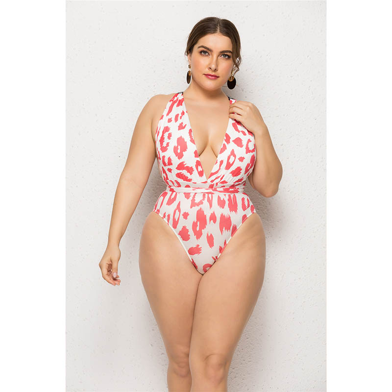 Plus Plunge Neck Leopard Print One-Piece Swimsuit 88211592509#