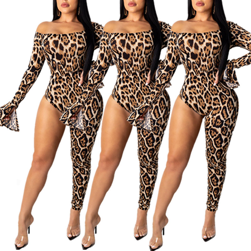 Leopard Print Off Shoulder One Leg Jumpsuit 88211592512#