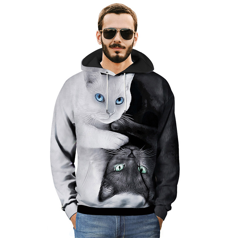 Cat Print Long Sleeve Kangaroo Pocket Hoodie 88211592515#
