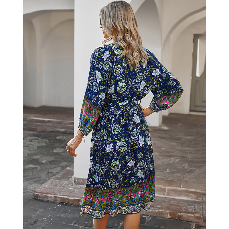 Boho Floral Print A-Line Midi Dress 88211592532#