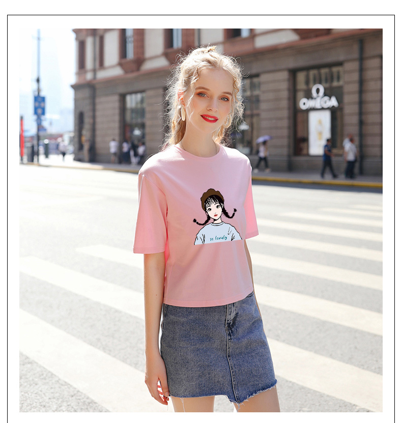 Girls Short-Sleeve Crew Neck Cotton T Shirt Casual Female Letters Print Tops Pink Tees Women T-shirt 8888505936#